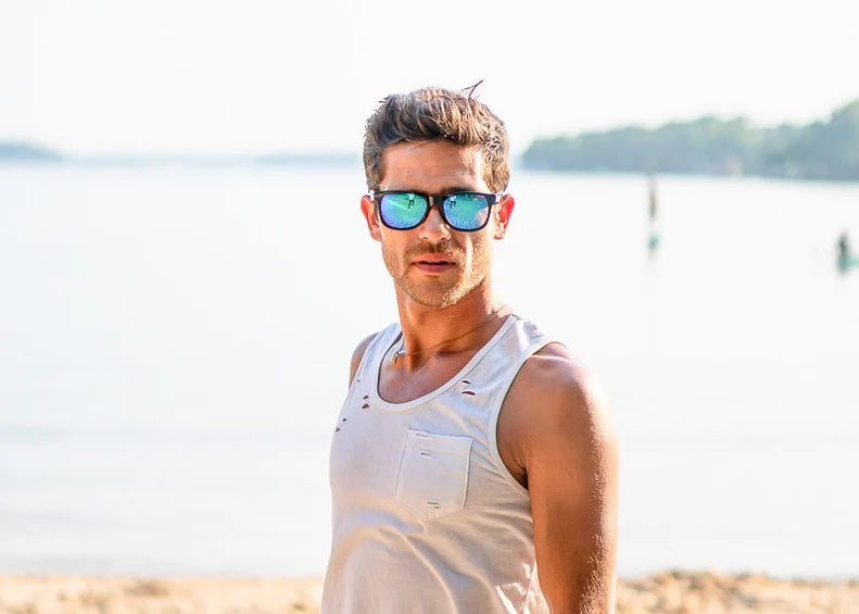 Model wearing Classic 145mm large frame shades in Black with green lenses – relaxed wide fit and standout tint.