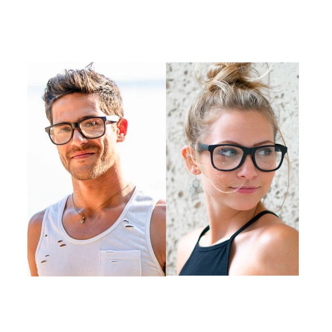 Model wearing Classic 145mm Large eyeglass frames for women and men in Clear, offering a contemporary oversized design for wide faces.