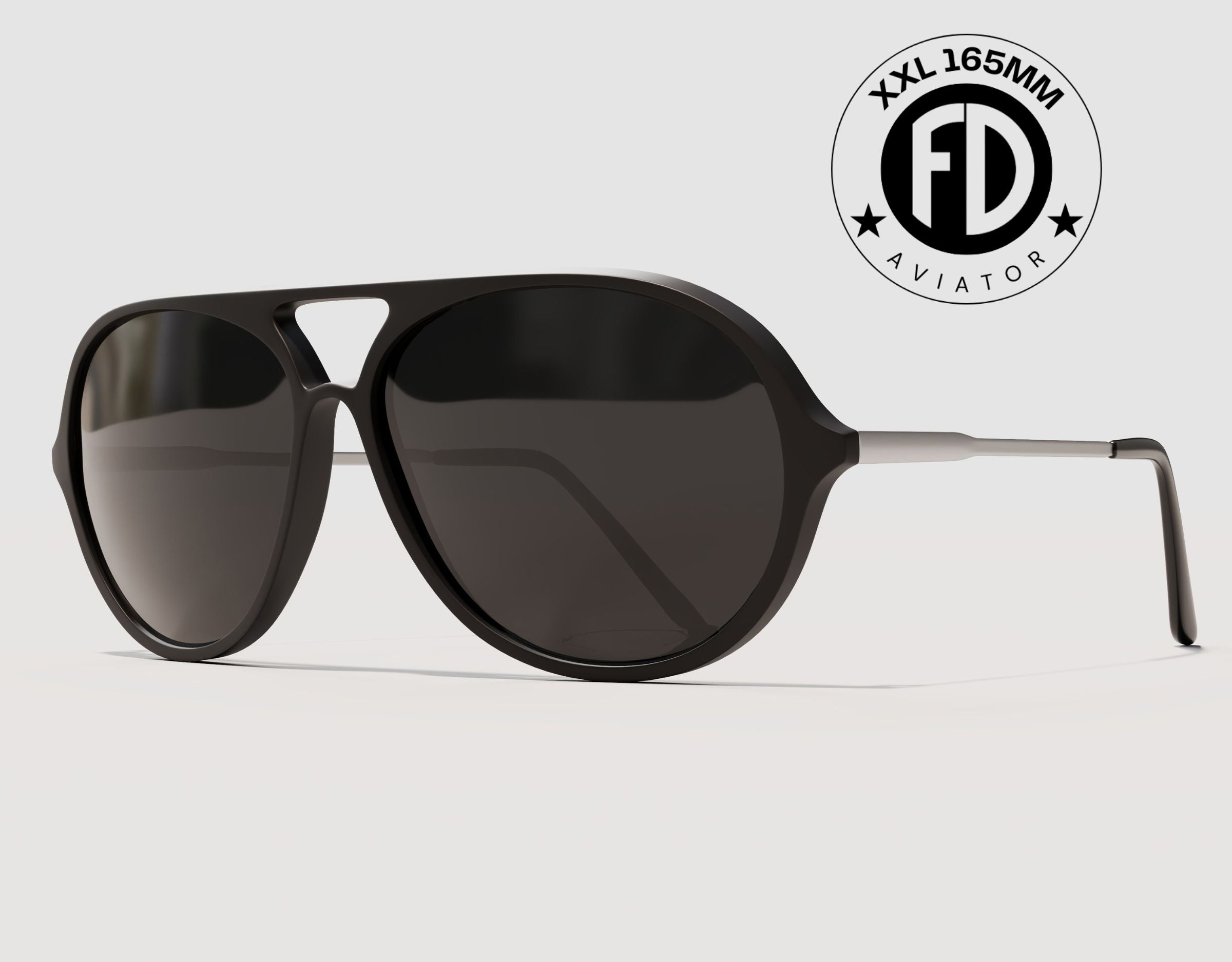 Aviator 165mm XXL sunglasses for large heads in Black with black polarised lenses – classic aviator look with an extra wide fit.