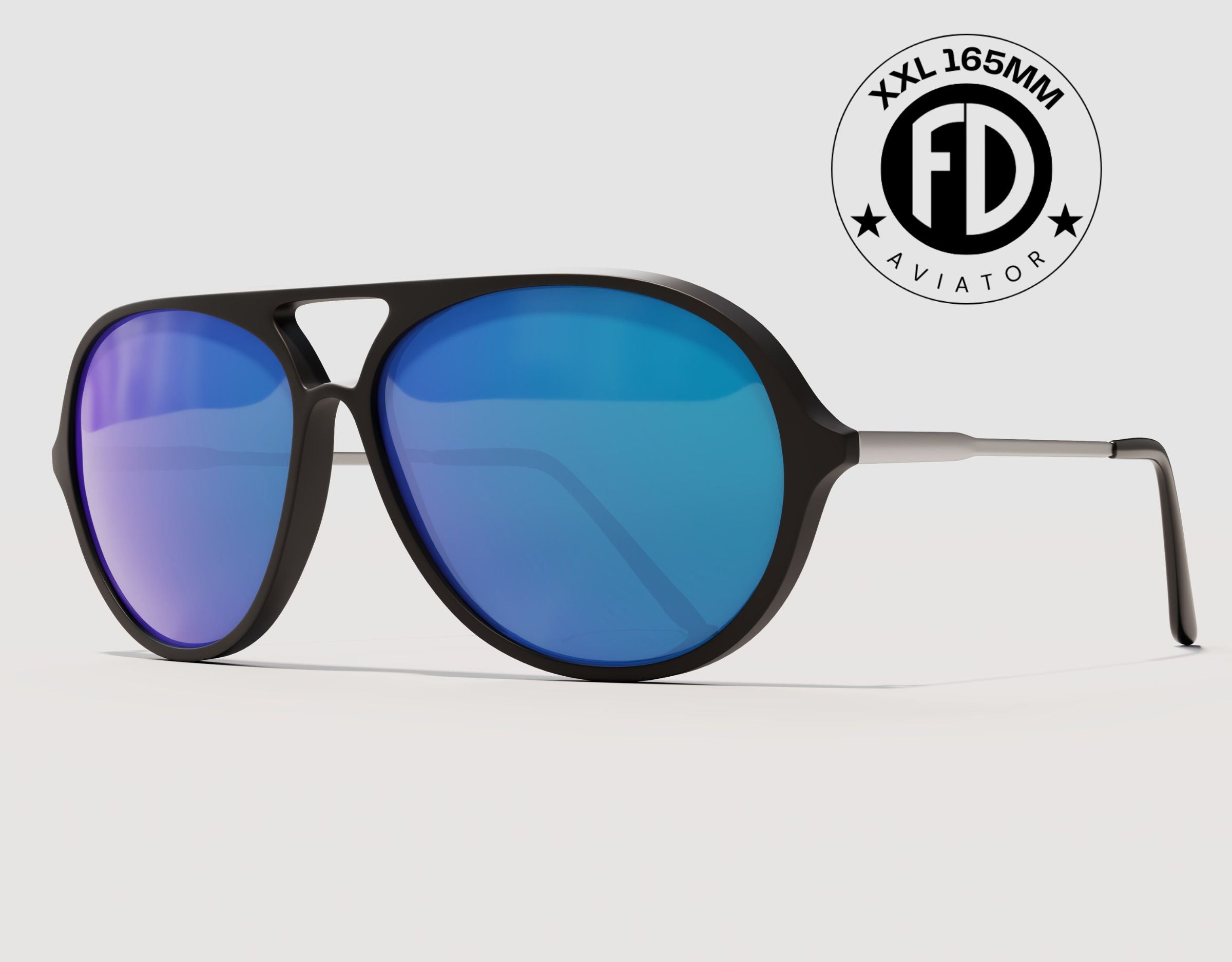 Aviator 165mm XXL wide fit aviator sunglasses in Black with blue ice polarised lenses – oversized frame with cool mirrored lenses.