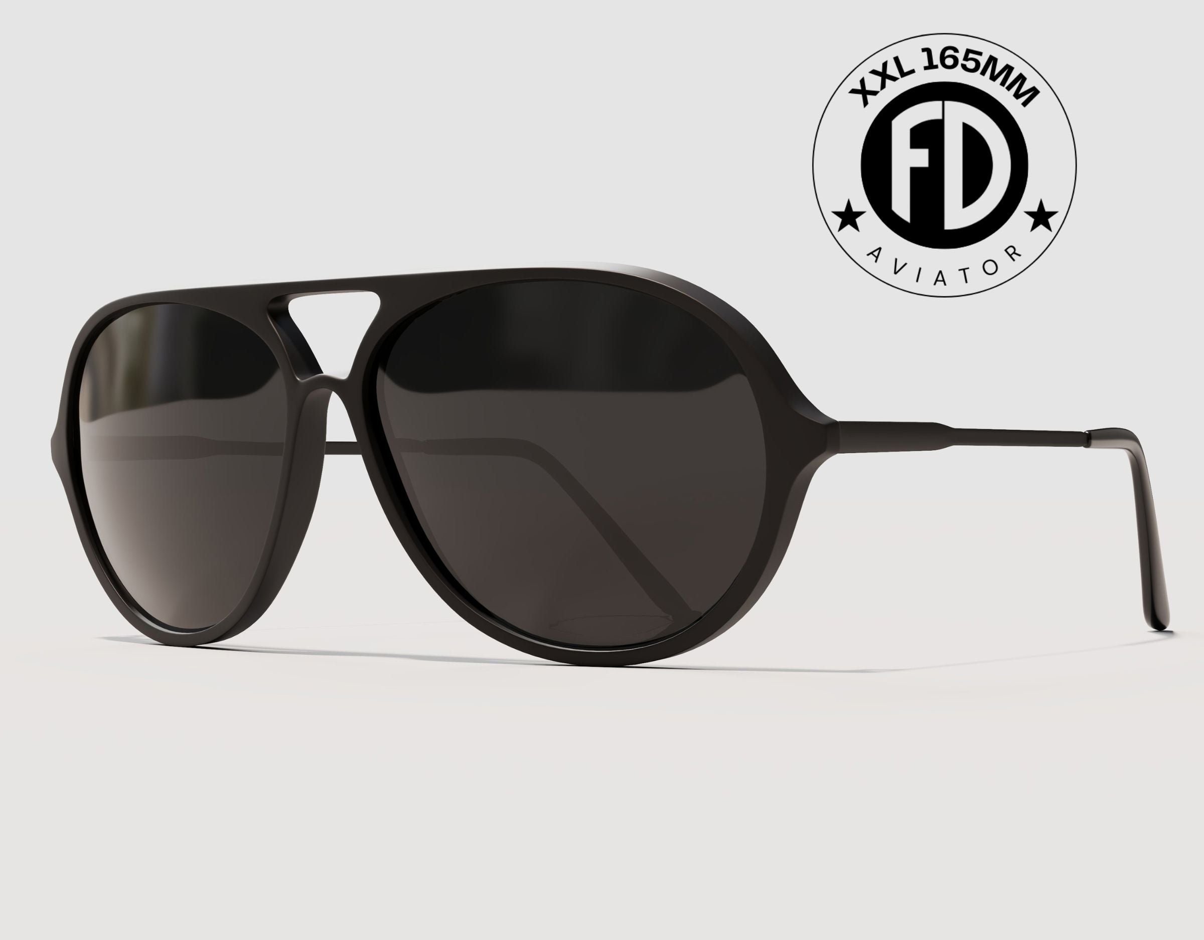 Aviator 165mm XXL blackout sunglasses for large heads with black polarised lenses – stealthy wide fit aviators for bold style.