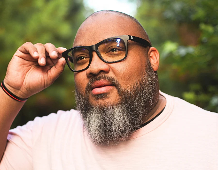 Model wearing Classic 165mm XXL blue light blocking glasses in Black – wide-fit frames for digital eye strain relief.