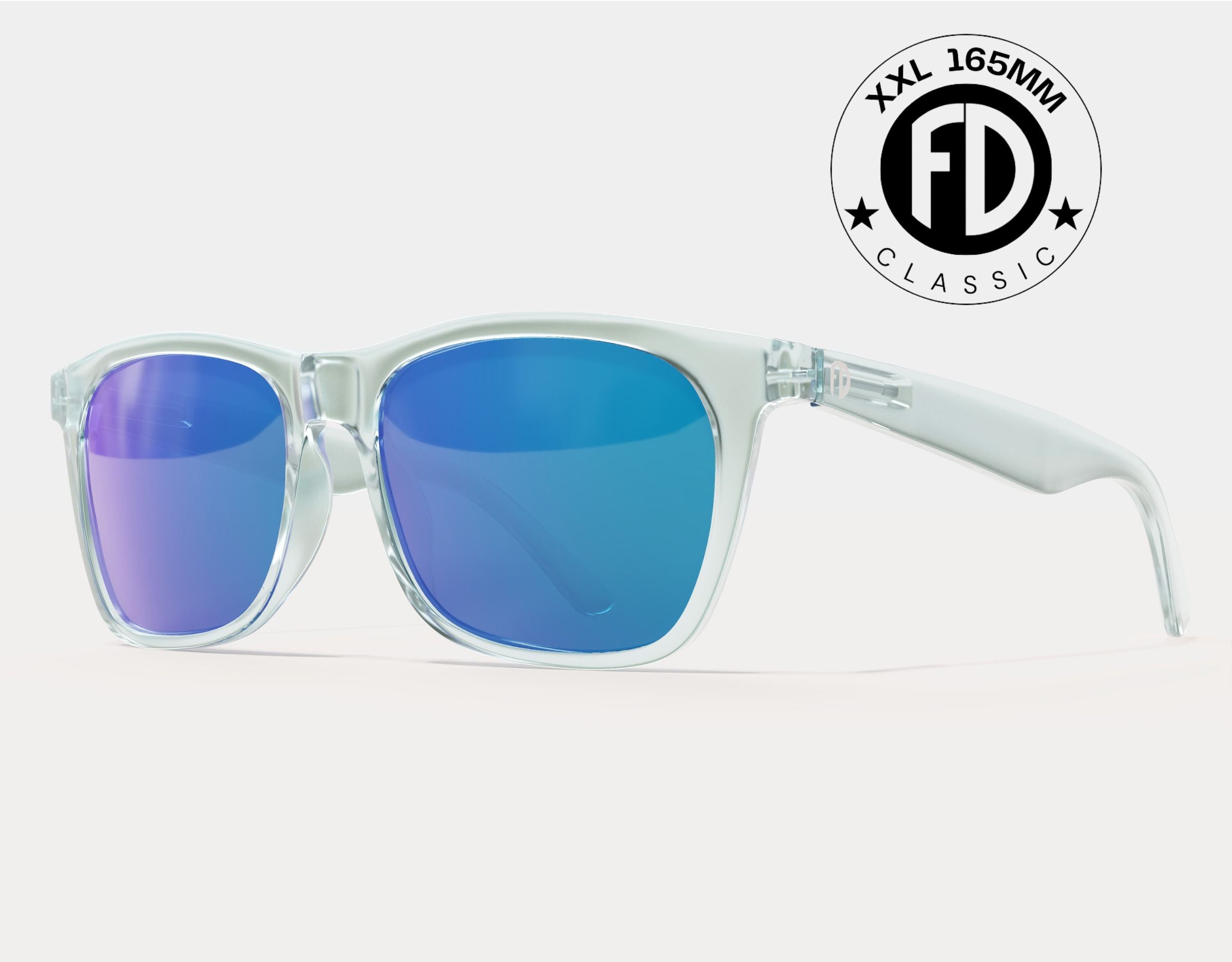 Classic 165mm XXL extra wide sunglasses in Clear with blue ice polarised lenses – bold, transparent frame for big heads with icy lens tones.