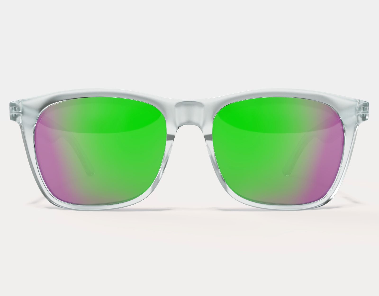 Front view of Classic 165mm XXL extra wide sunglasses in Clear with green laser lenses – standout polarised style for wide faces.