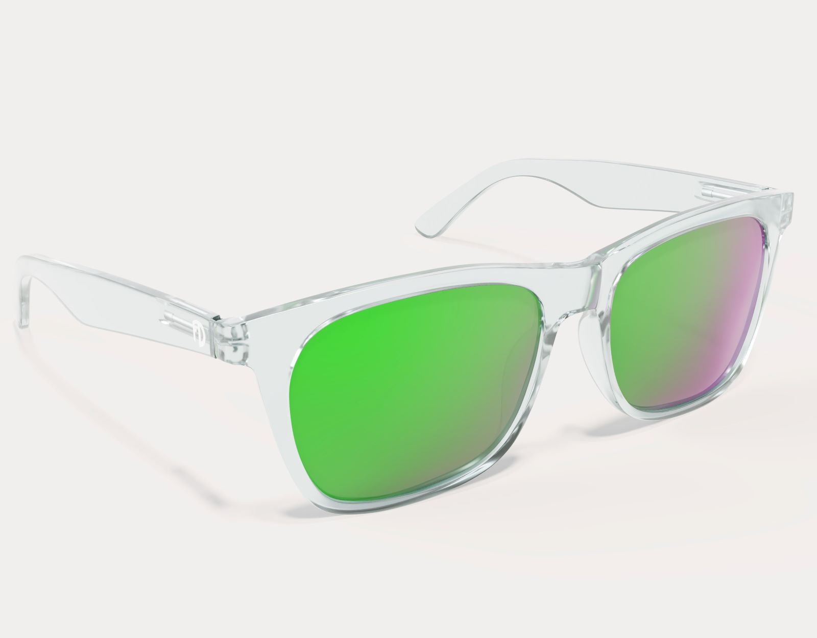 Side view of Classic 165mm XXL polarised sunglasses in Clear with green lenses – ultra-wide arms and mirrored lens finish.
