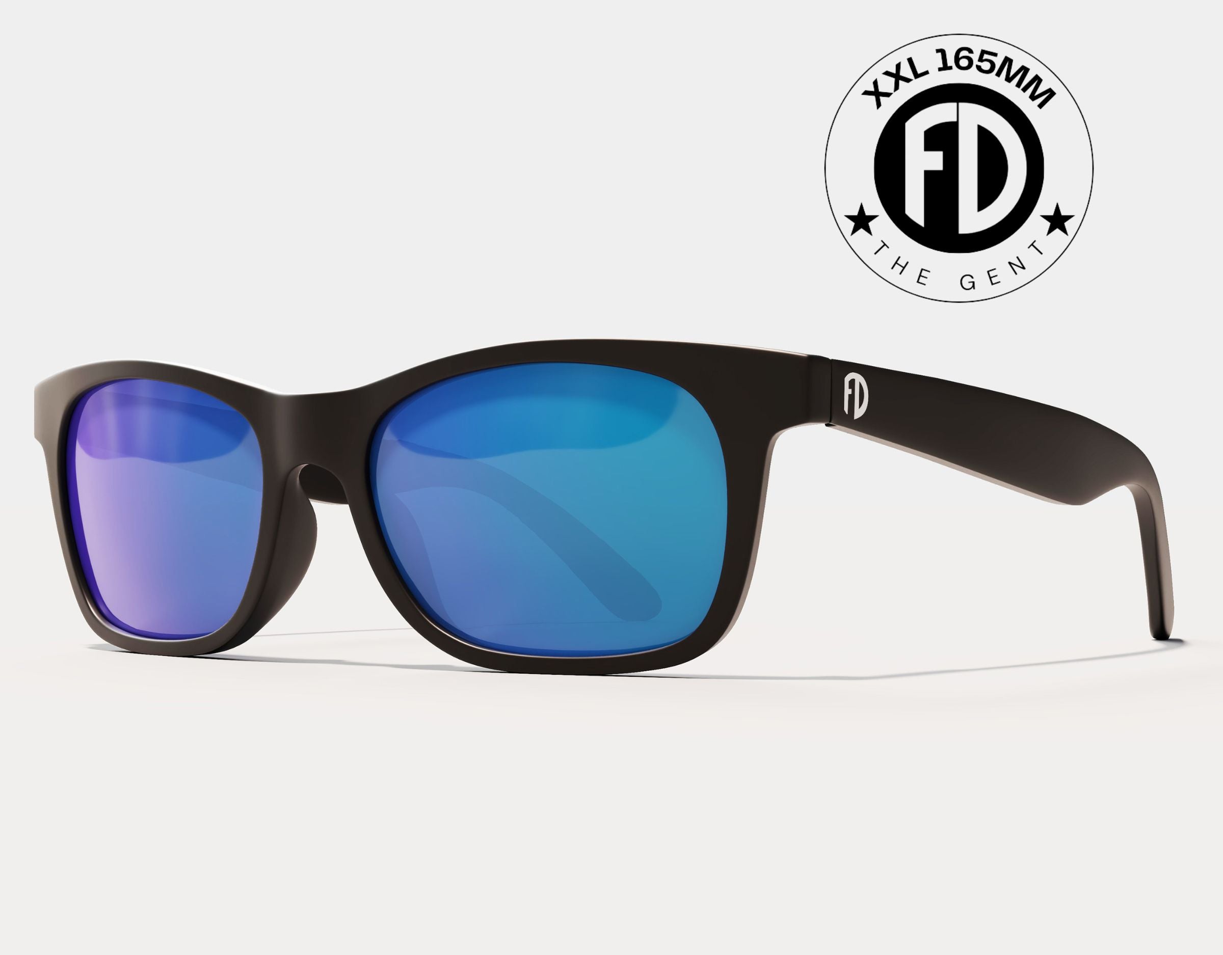 The Gent 165mm XXL men’s wide sunglasses in Black with blue ice polarised lenses – bold and extra wide for large heads.