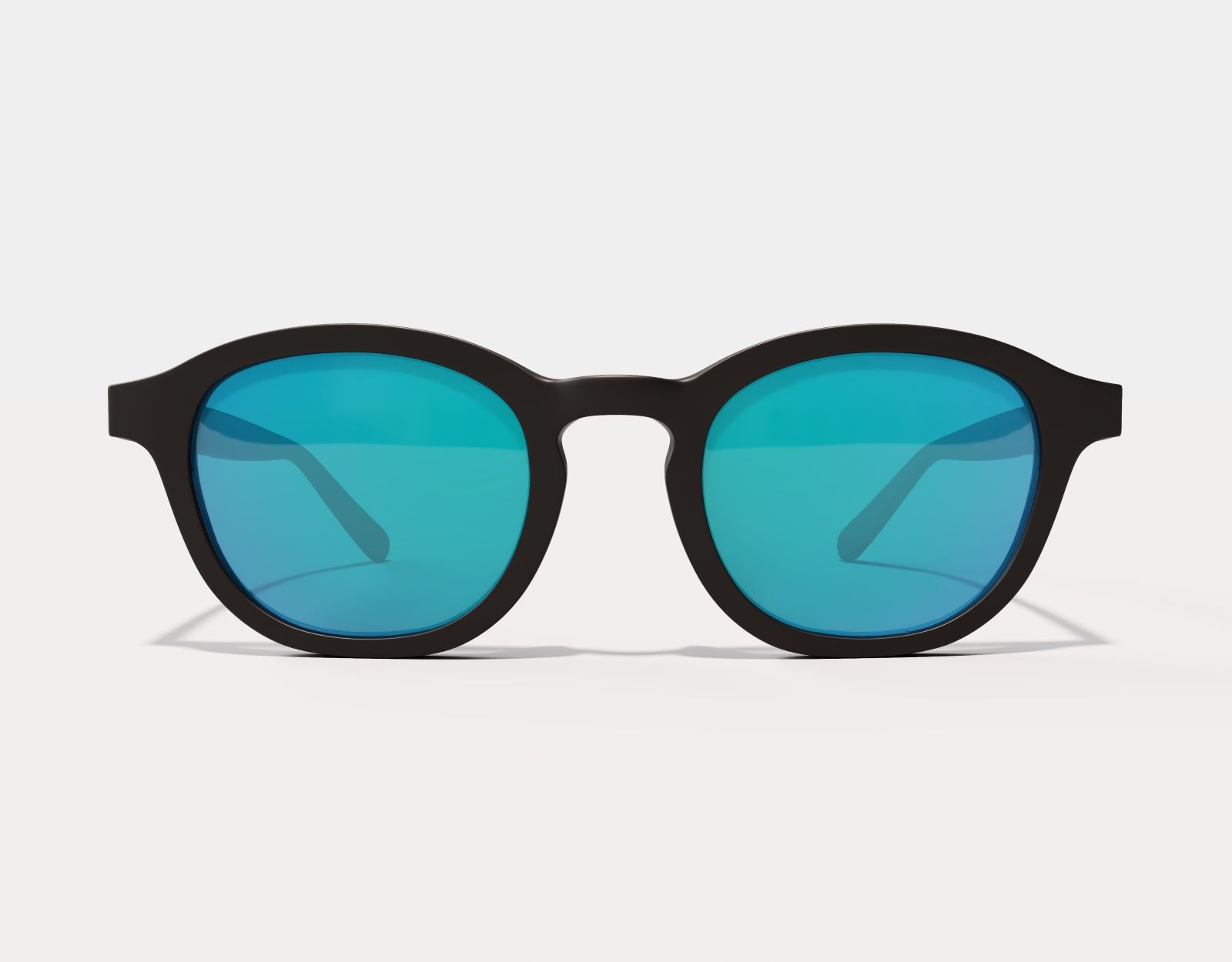 Front view of The Scholar 165mm XXL sunglasses for people with big heads – black frame with polarised blue ice lenses.