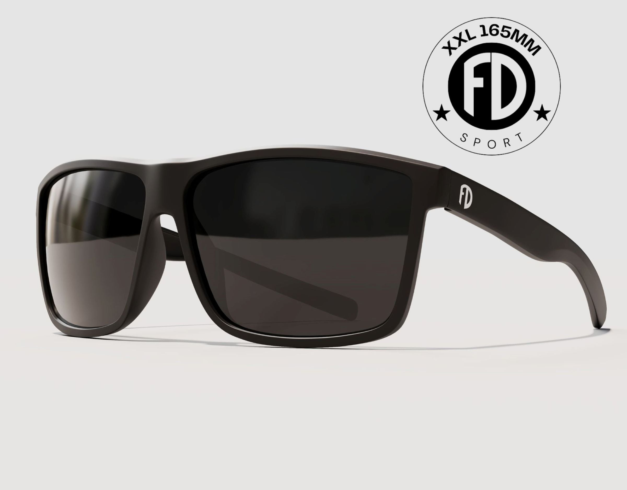 Sport 165mm XXL polarised sport sunglasses for big heads in Black with black smoke lenses – extra wide fit for active comfort.
