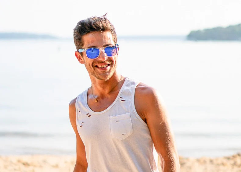 Model wearing Classic 145mm large frame sunglasses in Iceberg – icy clear style and bold blue mirror lenses.