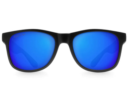 Front view of Classic 145mm large frame shades in Black with blue ice lenses – wide, bold and reflective.
