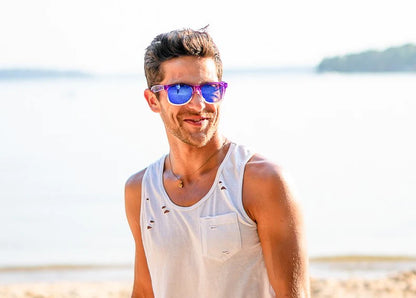 Model wearing Classic 145mm large sunglasses in Purple Haze – bold colourway and wide fit comfort.