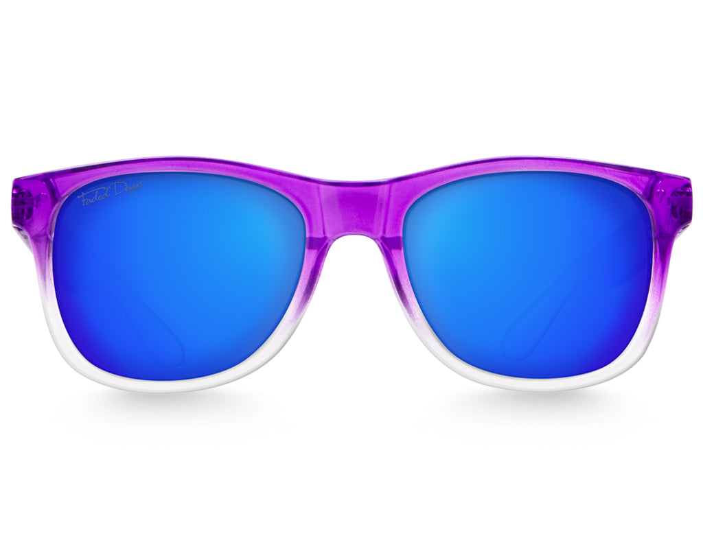 Front view of Classic 145mm oversized sunglasses in Purple Haze – standout frame and bright blue lenses.