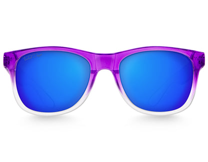 Front view of Classic 145mm oversized sunglasses in Purple Haze – standout frame and bright blue lenses.