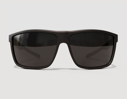 Front view of blackout Sport 155mm XL sunglasses – wide fit frame with smoke lenses designed for big head comfort.