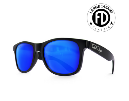 Classic 145mm large frame shades in Black with blue ice lenses – stylish non-polarised oversize sunglasses for wide face comfort.