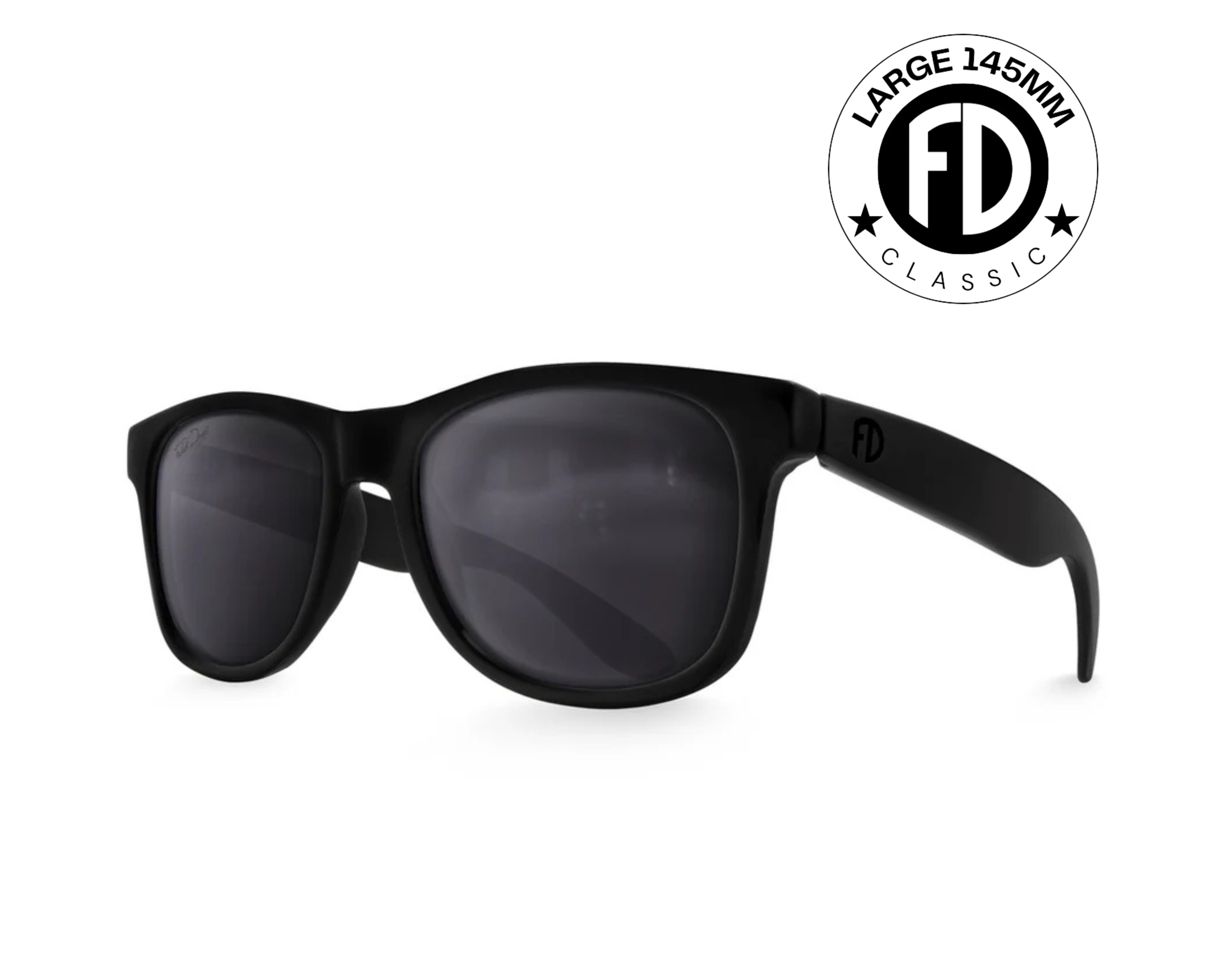 Classic 145mm blackout large frame sunglasses – matte black oversize shades with black smoke polarised lenses.