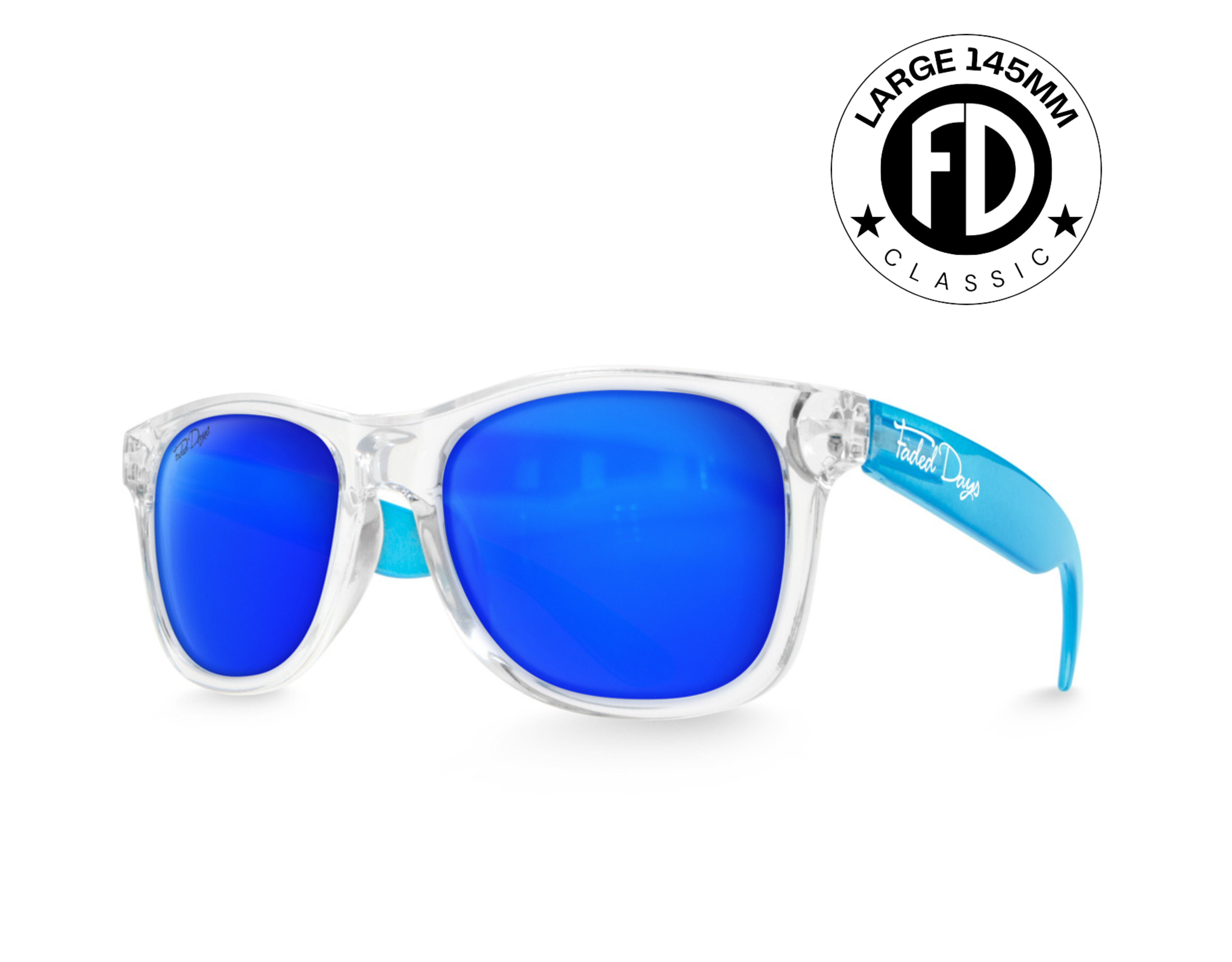 Classic 145mm oversize sunglasses in Iceberg with blue ice lenses – translucent frame with a mirrored finish and wide fit.