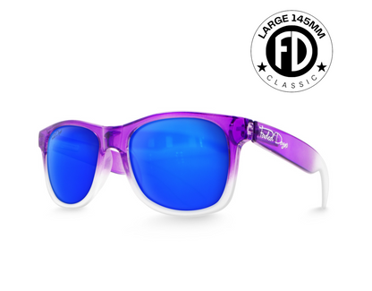 Classic 145mm large frame sunglasses in Purple Haze with blue ice lenses – colourful oversize shades with mirrored finish.