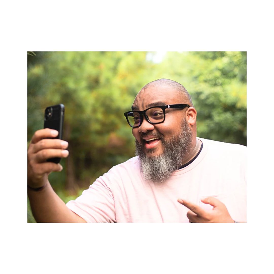 Model wearing 165mm XXL Classic oversized blue light blocking glasses in Black Matte, offering a stylish and comfortable fit for big heads.