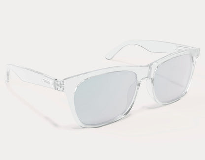 Side angle of Classic 155mm XL extra large prescription glasses in Clear, featuring an ultra-lightweight yet oversized frame for comfort.