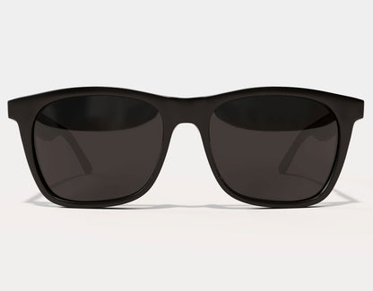 Front view of Classic 155mm XL extra wide sunglasses in Black Gloss – oversized frame and smoke polarised lenses.