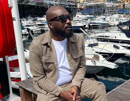 Model wearing Classic 155mm XL extra wide sunglasses in Black Matt – polarised protection and XL fit for large heads.