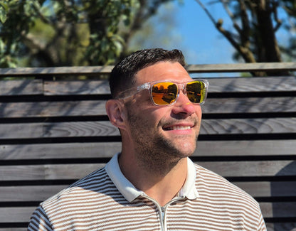 Model wearing Classic 155mm XL extra wide sunglasses in Clear with yellow lenses – bold and comfortable for wide faces.