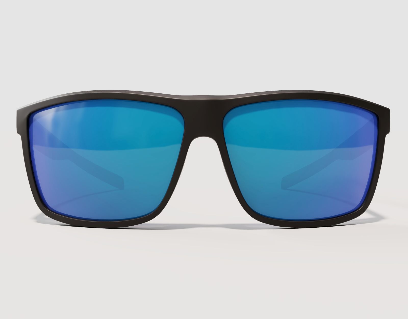Front view of Sport 155mm XL sunglasses in Black with blue ice lenses – polarised protection and modern mirrored style.