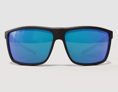 Front view of Sport 155mm XL sunglasses in Black with blue ice lenses – polarised protection and modern mirrored style.