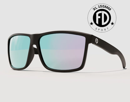 Sport 155mm XL sunglasses in Black with chrome polarised lenses – mirrored finish and extra wide fit for big heads.