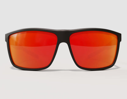 Front view of Sport 155mm XL sunglasses in Black with red lava lenses – polarised protection and modern mirrored style.