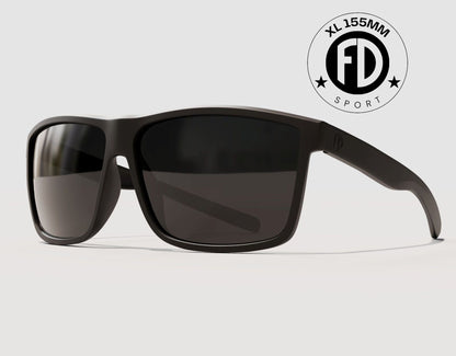 Sport 165mm XXL blackout sunglasses for big heads with black smoke polarised lenses – stealthy, wide-fit design for active wear.