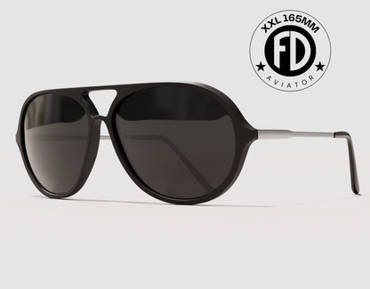 Aviator 165mm XXL sunglasses for large heads in Black with black polarised lenses – classic aviator look with an extra wide fit.