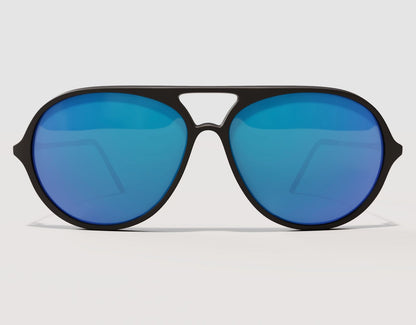Front view of Aviator 165mm XXL sunglasses for large heads in Black with blue ice lenses – modern edge meets wide fit comfort.
