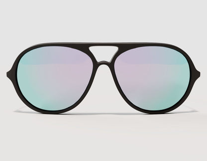 Front view of Aviator 165mm XXL men’s aviator sunglasses in Black with chrome lenses – wide frame and mirrored protection.