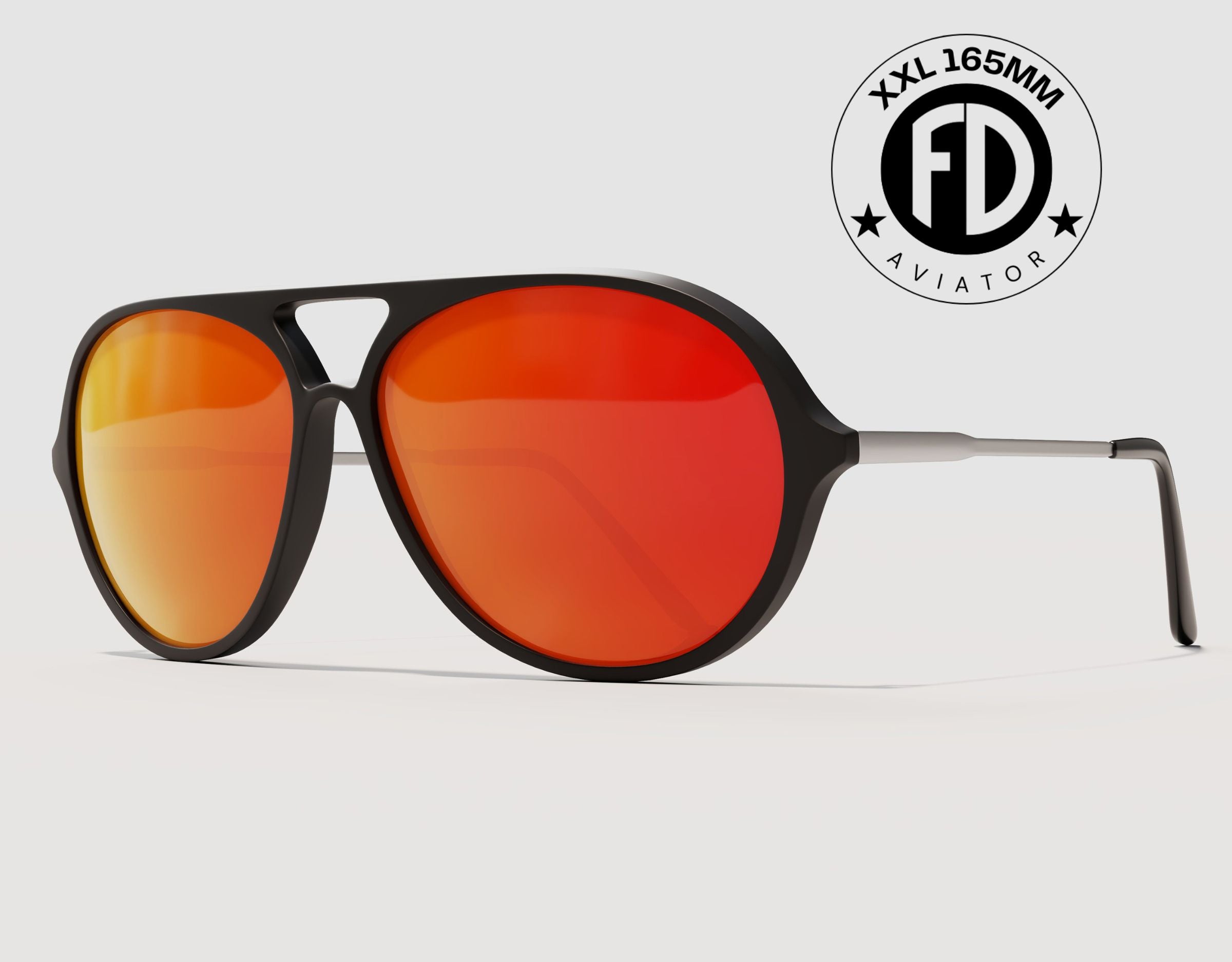 Aviator 165mm XXL aviator sunglasses for large heads in Black with red lava polarised lenses – extra wide fit and bold mirrored style.