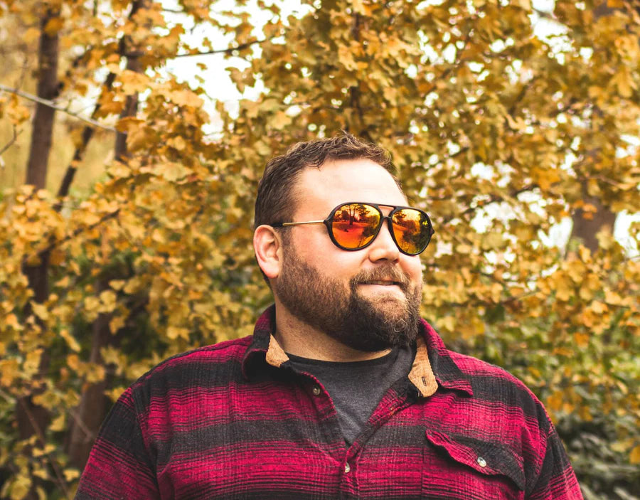 Model wearing Aviator 165mm XXL wide fit aviators in Tortoise with yellow lenses – polarised comfort and bold sunny style.