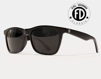 Classic 165mm XXL sunglasses for large heads in Black Gloss with black polarised lenses – extra wide fit with UV protection and bold style.