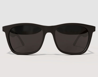 Front view of Classic 155mm XL sunglasses in Black with gold logo – oversized style and polarised performance.