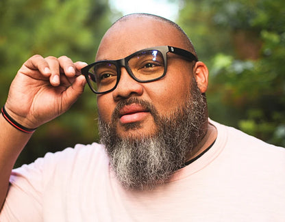 Model wearing Classic 165mm XXL blue light blocking glasses in Black – wide-fit frames for digital eye strain relief.