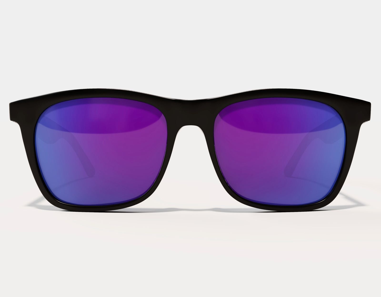 Front view of Classic 165mm XXL polarised sunglasses in Black Gloss with purple lenses – extra wide frame for comfort and impact.
