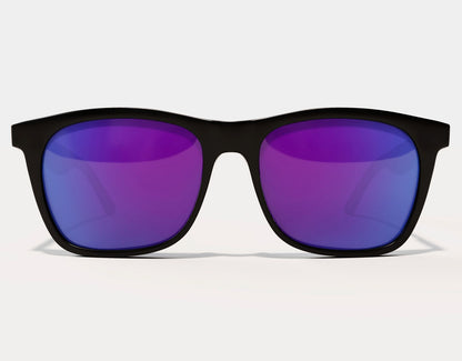 Front view of Classic 165mm XXL polarised sunglasses in Black Gloss with purple lenses – extra wide frame for comfort and impact.