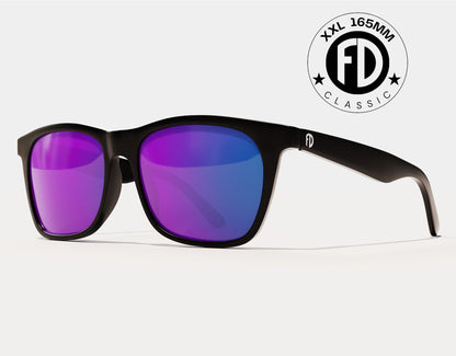 Classic 165mm XXL sunglasses for large heads in Black Gloss with purple polarised lenses – bold, oversized fit with vibrant lens colour.