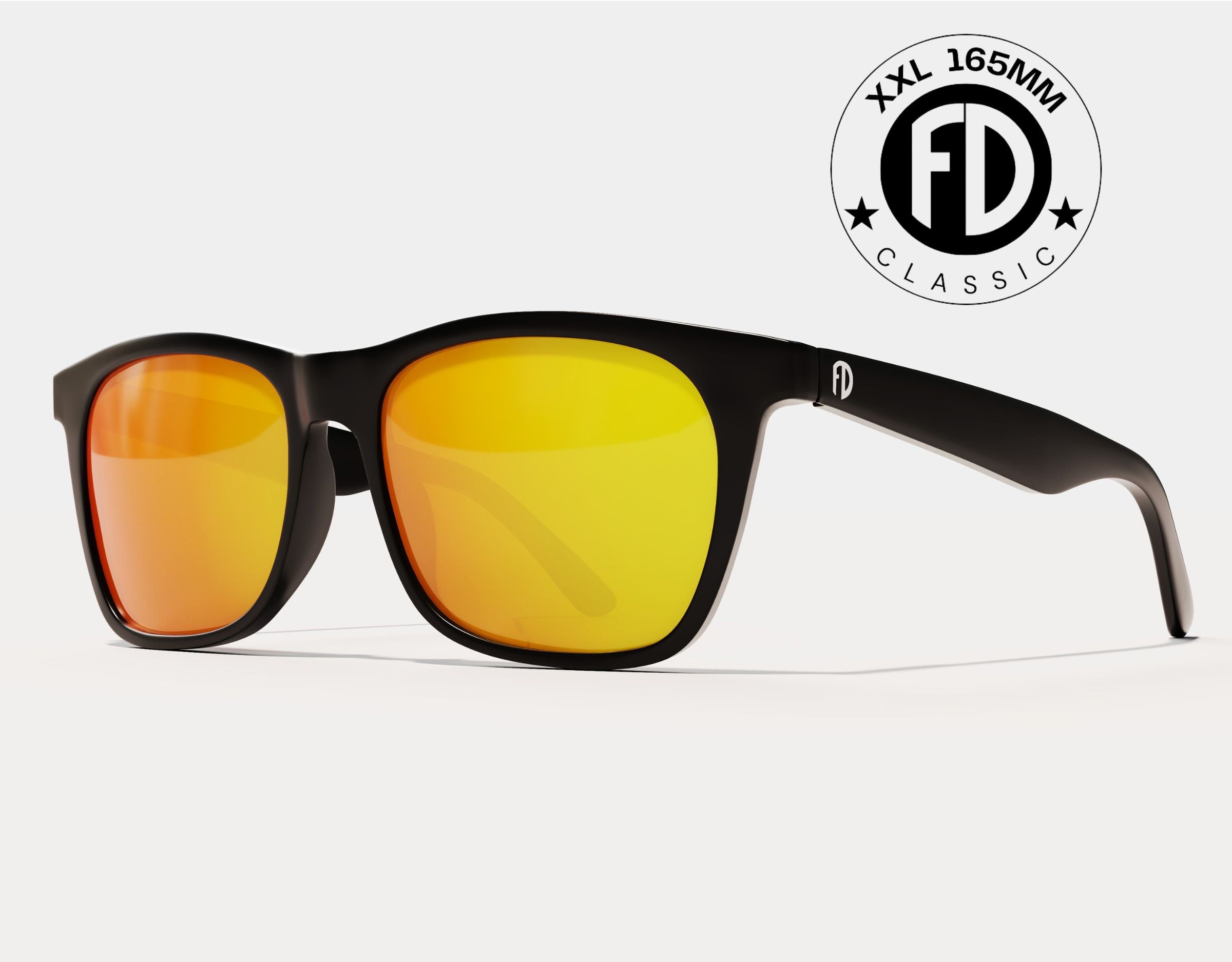 Classic 165mm XXL sunglasses for big heads in Black Gloss with yellow solar polarised lenses – extra wide fit and standout sun protection.