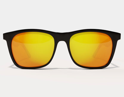 Front view of Classic 165mm XXL large head sunglasses in Black Gloss with yellow lenses – high-contrast style and extra-wide comfort.