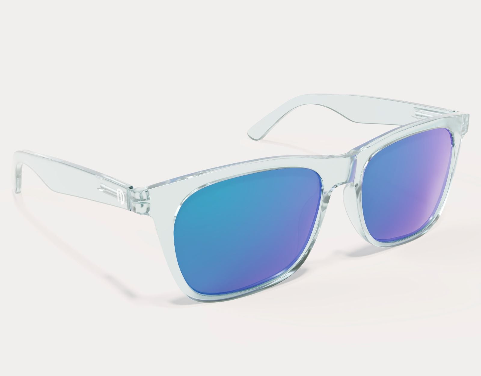 Side profile of Classic 165mm XXL large head sunglasses in Clear – stylish frame with wide arms and icy blue lenses.