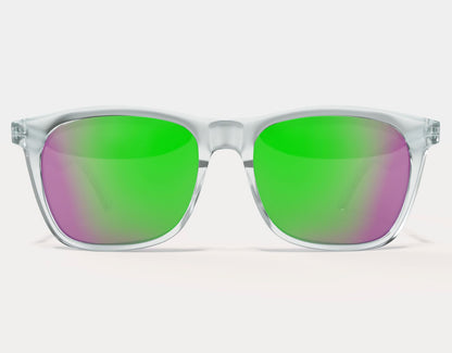 Front view of Classic 165mm XXL extra wide sunglasses in Clear with green laser lenses – standout polarised style for wide faces.