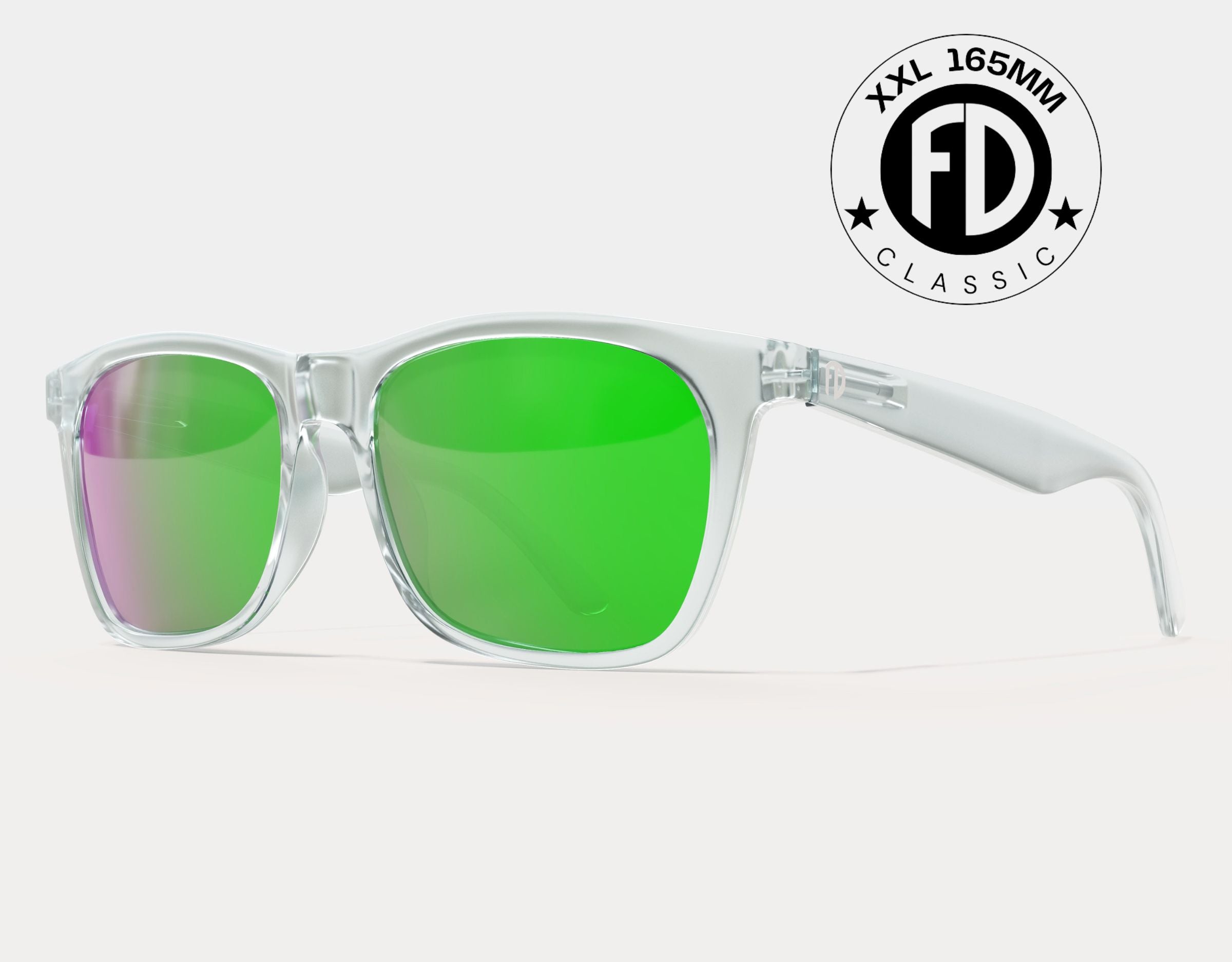 Classic 165mm XXL wide sunglasses in Clear with green laser polarised lenses – extra-wide fit for big heads with vibrant mirrored style.