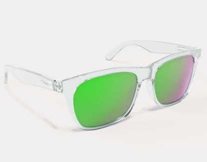 Side view of Classic 165mm XXL polarised sunglasses in Clear with green lenses – ultra-wide arms and mirrored lens finish.