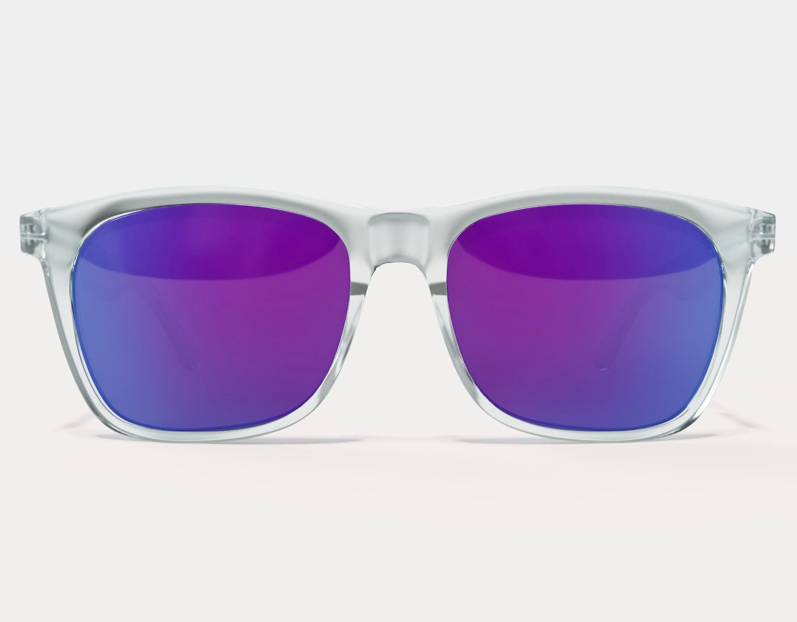 Front view of Classic 165mm XXL extra wide sunglasses in Clear – vibrant purple lenses with a clear frame for big heads.
